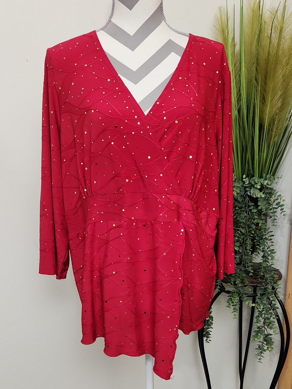 Susan Lawrence Red Blouse With Sparkle Gold Accents All Over